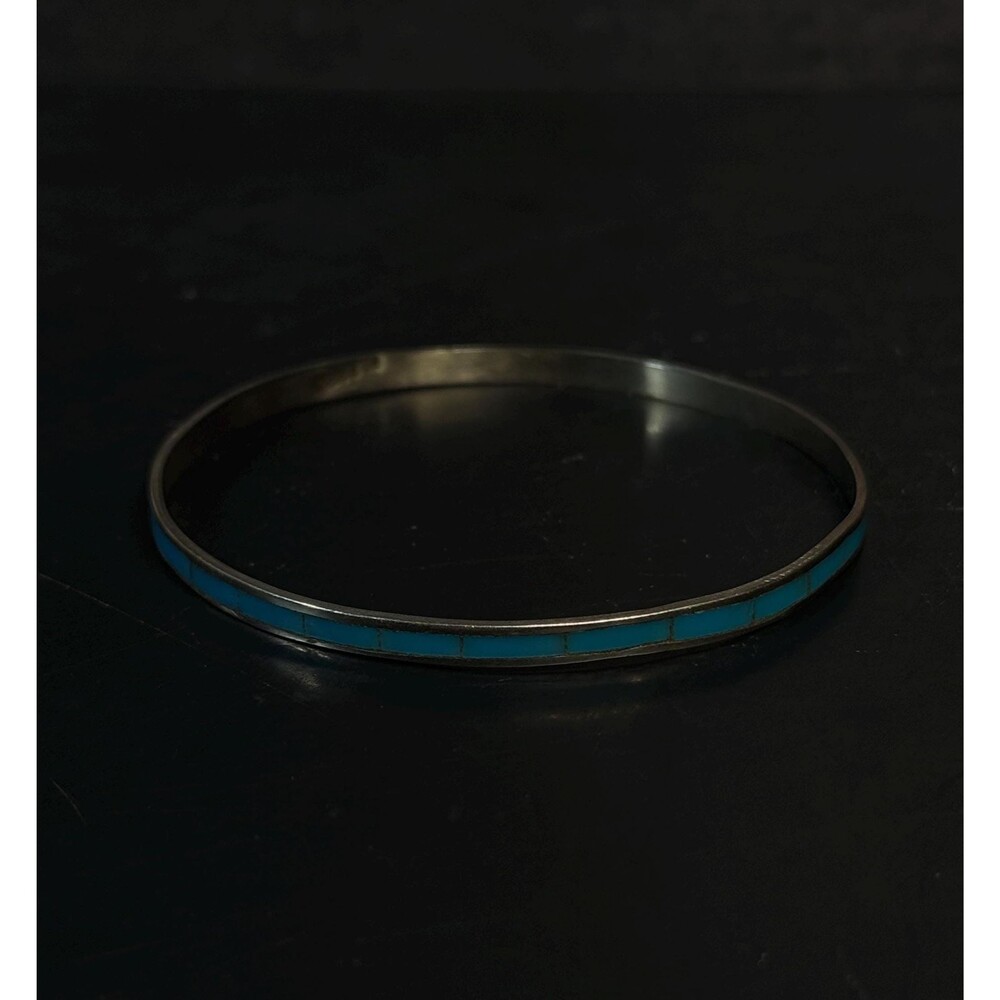 Turquoise Inlay Alpaca Metal Slim Bangle Bracelet Size 6.5